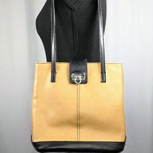 👜 Two Tone Leather Tote Bag Black Tan Structured Shoulder Bag Everyday Purse